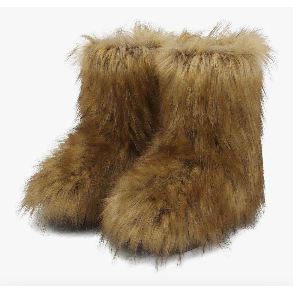 Womens Faux Fur Yeti Boots Shaggy Winter Snow Festival Boots Chestnut Après Ski